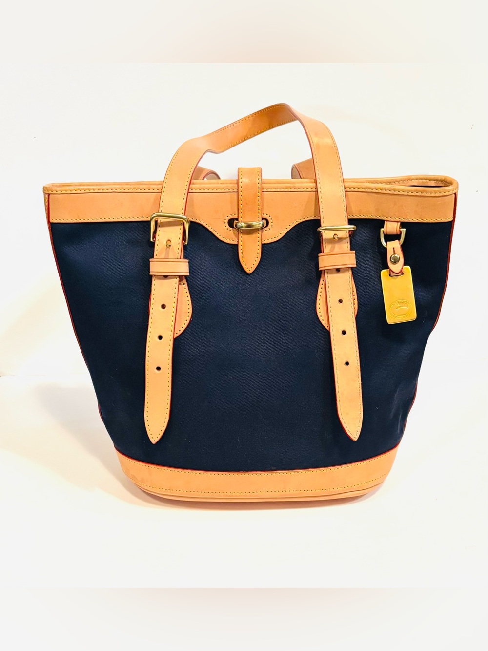 Dooney & Bourke Navy Canvas Cabriolet Bucket Bag Tote Tan Leather Trim - Picture 1 of 15